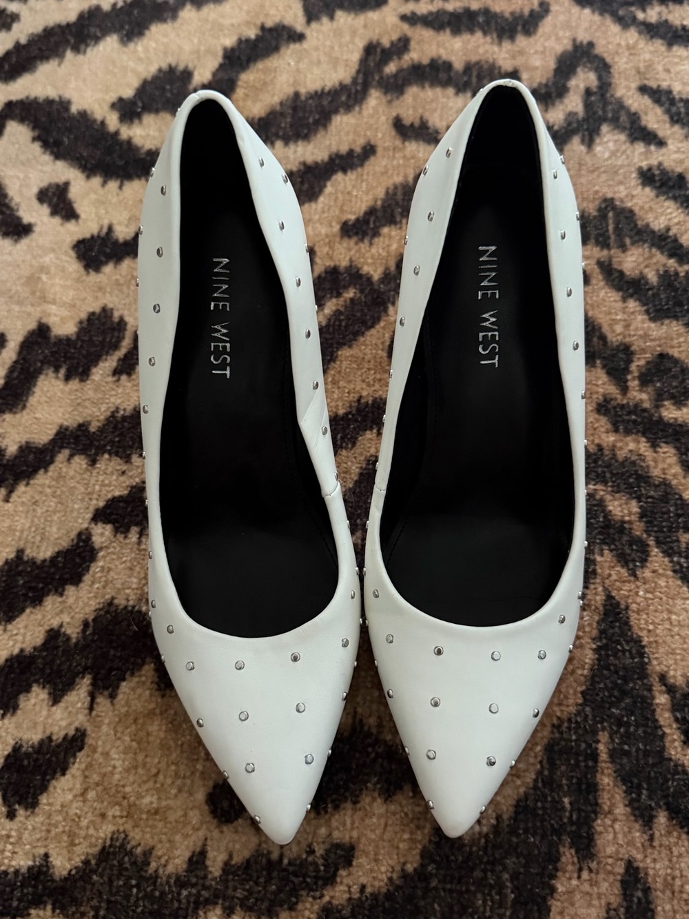 Nine West White Studded Pointed-Toe Pumps with Silver Accents